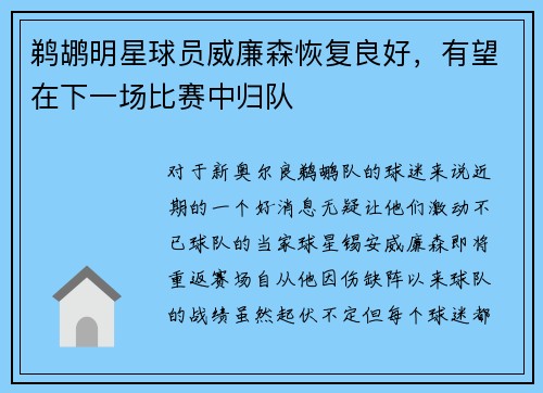 鹈鹕明星球员威廉森恢复良好，有望在下一场比赛中归队