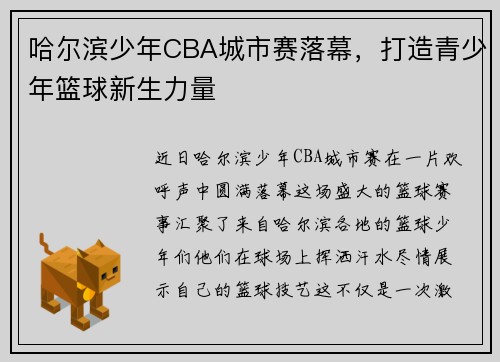 哈尔滨少年CBA城市赛落幕，打造青少年篮球新生力量
