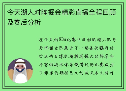 今天湖人对阵掘金精彩直播全程回顾及赛后分析