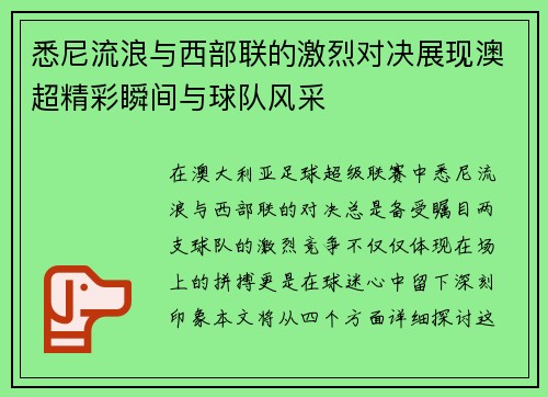 悉尼流浪与西部联的激烈对决展现澳超精彩瞬间与球队风采