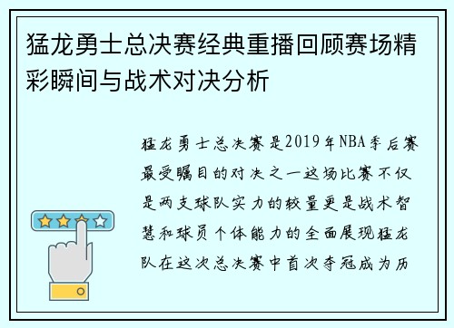 猛龙勇士总决赛经典重播回顾赛场精彩瞬间与战术对决分析