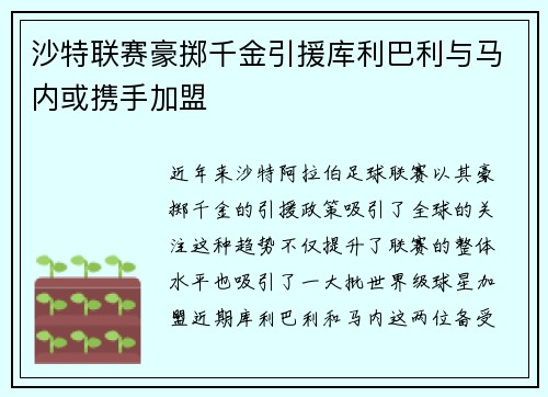 沙特联赛豪掷千金引援库利巴利与马内或携手加盟