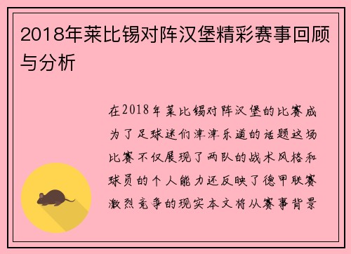 2018年莱比锡对阵汉堡精彩赛事回顾与分析