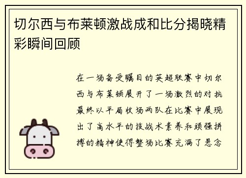 切尔西与布莱顿激战成和比分揭晓精彩瞬间回顾