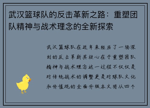 武汉篮球队的反击革新之路：重塑团队精神与战术理念的全新探索