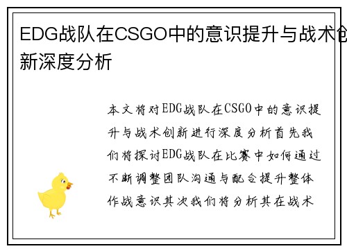 EDG战队在CSGO中的意识提升与战术创新深度分析