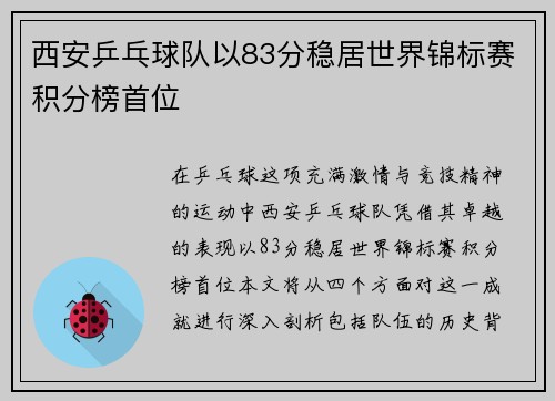 西安乒乓球队以83分稳居世界锦标赛积分榜首位