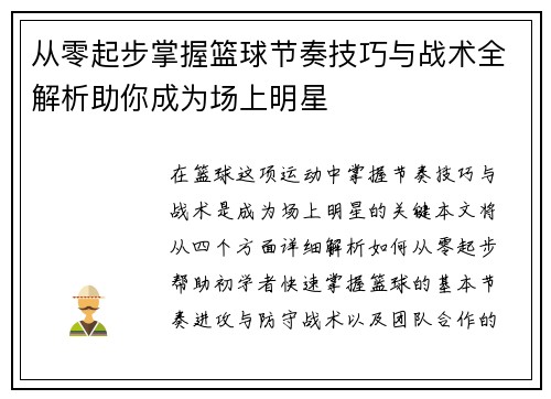 从零起步掌握篮球节奏技巧与战术全解析助你成为场上明星
