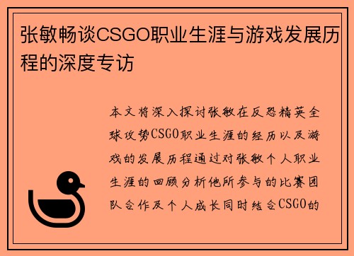 张敏畅谈CSGO职业生涯与游戏发展历程的深度专访